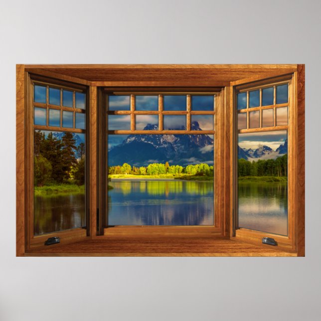 Faux Wooden Bow Window Illusion - Mountain Scene Poster (Front)