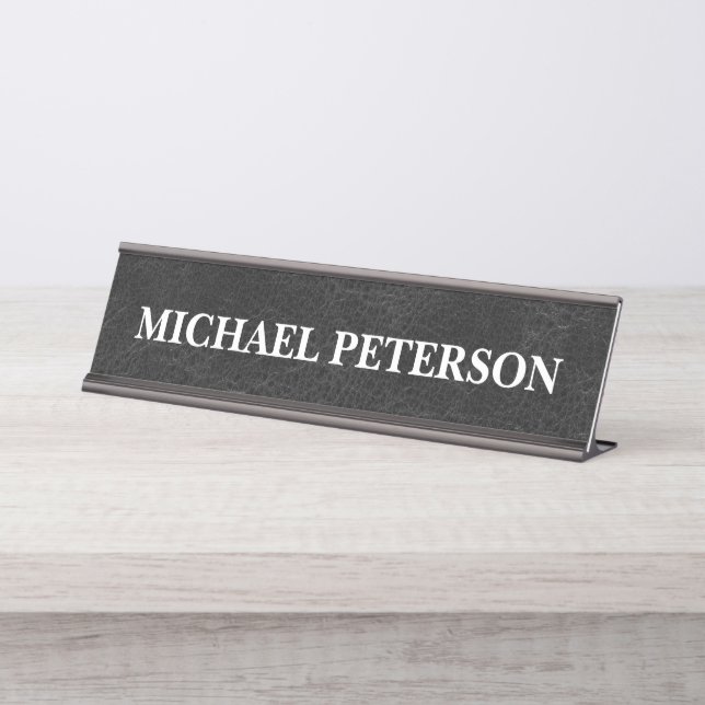 Faux Worn Black Leather Personalised Desk Name Plate (Front)
