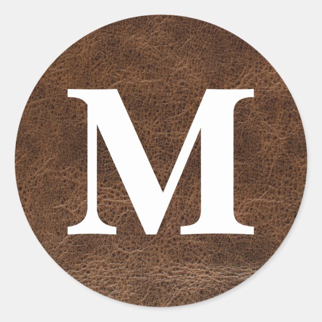 Faux Worn Brown Leather Monogram Classic Round Sticker (Front)