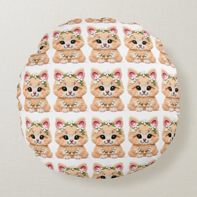 Faux Yarn Notch-Hook Christmas Cat – Cozy Holiday  Round Cushion