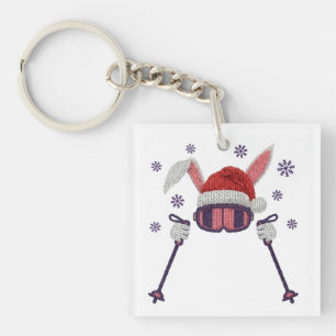 Faux yarn skiing rabbit with Santa hat winter humo Key Ring