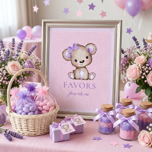 Favors Sign Cute Girl Bear Baby Shower Purple