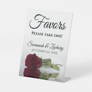 Favors Take One Elegant Burgundy Rose Wedding Pedestal Sign