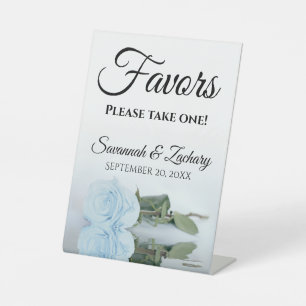 Favors Take One Elegant Pale Blue Rose Wedding Pedestal Sign
