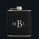 Favour Bachelor Party White Monogram Black Flask<br><div class="desc">Black Flask. White Monogram.  Groomsmen gift.  favour.</div>