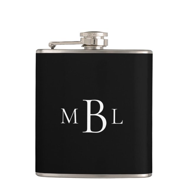 Favour Bachelor Party White Monogram Black Flask (Front)