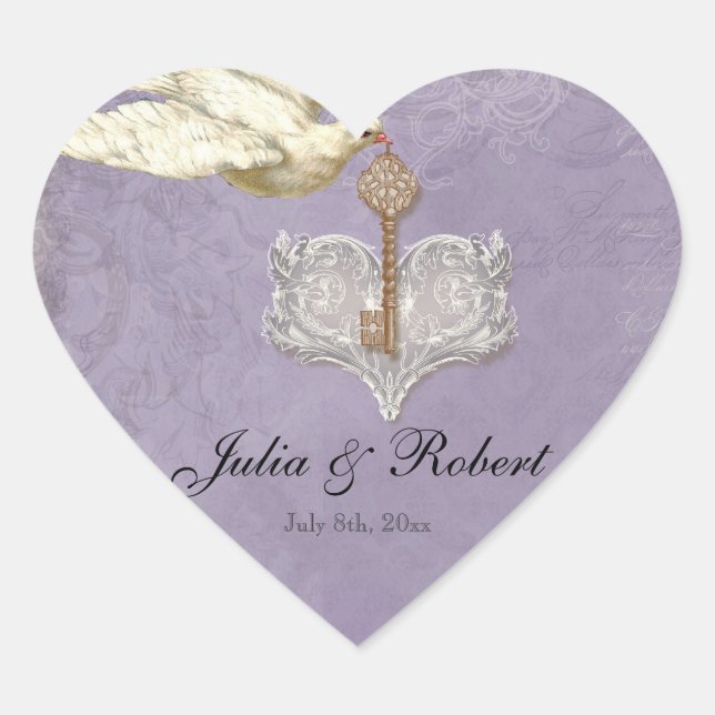 Favour Gift Sticker - Key to my Heart, Doves Swirl (Front)