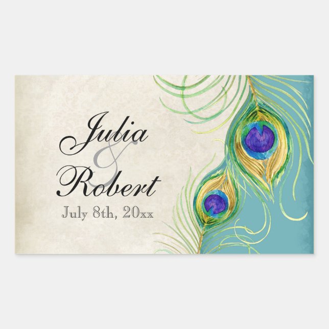 Favour Gift Sticker - Peacock Feathers Wedding Sea (Front)