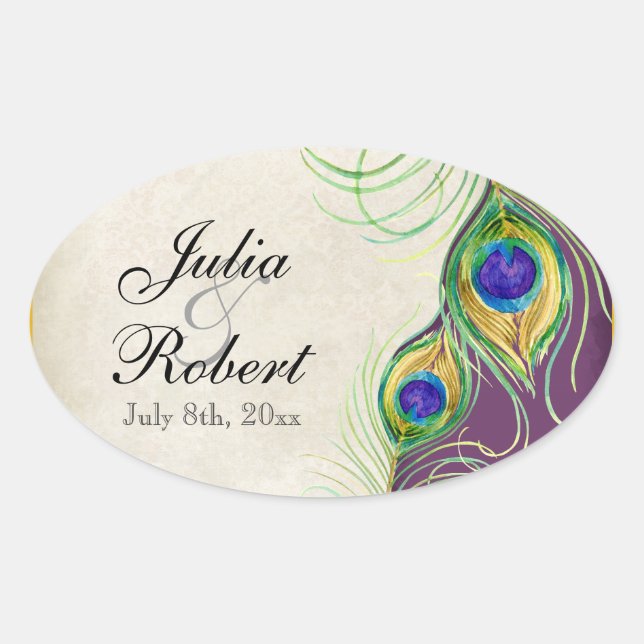 Favour Gift Sticker - Peacock Feathers Wedding Sea (Front)