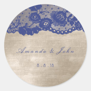 Favour Ivory Beige Blue Navy Lace Thank You Classic Round Sticker