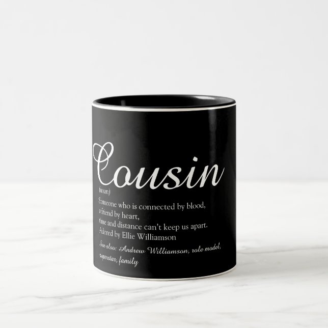 Favourite Cousin Definition Script Black and White Two-Tone Coffee Mug (Center)