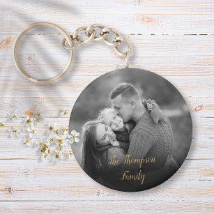 Favourite Family Black and White Photo Gold Script Key Ring