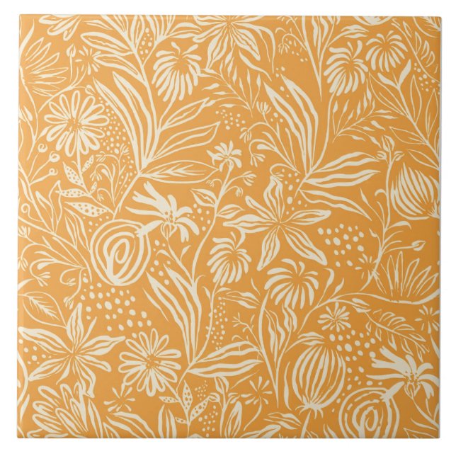 Favourite Floral Pattern in Golden Yellow, Ceramic Tile (Front)