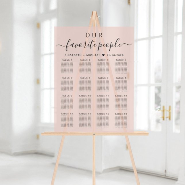 Favourite People 16 Table Pink Wedding Seating Acrylic Sign (Creator Uploaded)