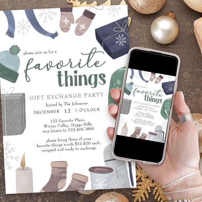 Favourite Things Cosy Winter Gift Exchange Party Invitation (Favorite Things Holiday Gift Exchange Party Invitation)