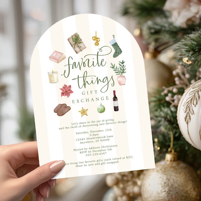 Favourite Things Gift Exchange Christmas Party  Invitation (Shown on a 5" x 7" invitation with Arch Corner Style)