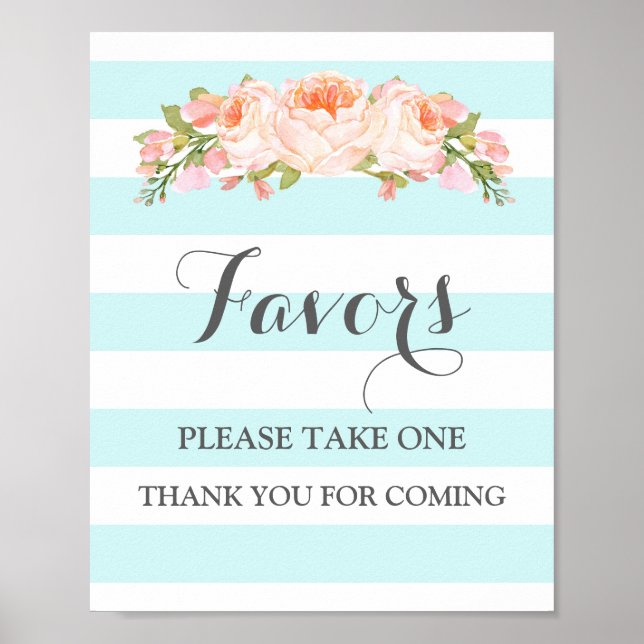 Favours Baby Shower Sign Blue Flowers Stripes (Front)