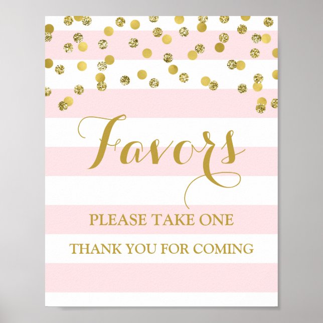 Favours Baby Shower Sign Pink Stripes Gold Confett (Front)