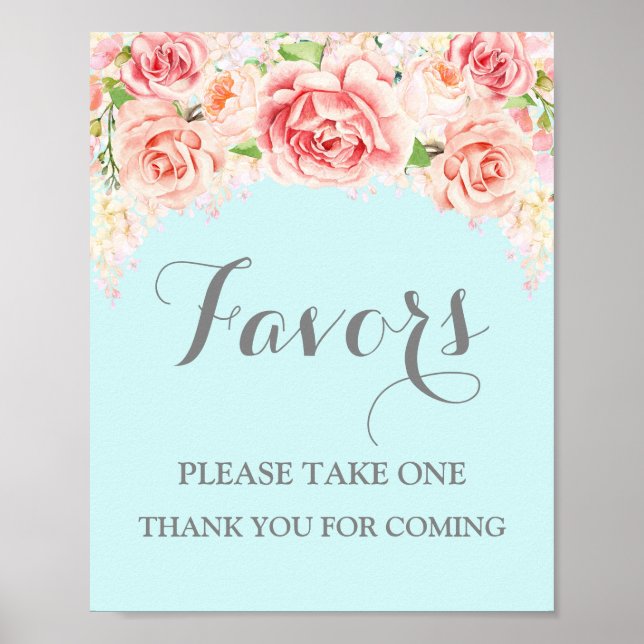 Favours Baby Shower Sign Pink Watercolor Blue (Front)