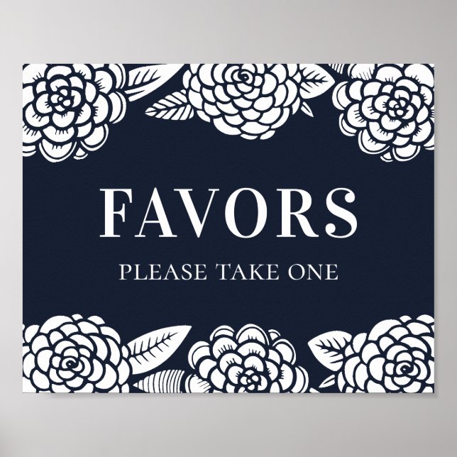 Favours. Navy modern flowers. Blue floral wedding Poster (Front)