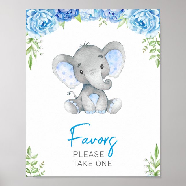 Favours Please Take One Elephant Baby Boy Shower Poster (Front)