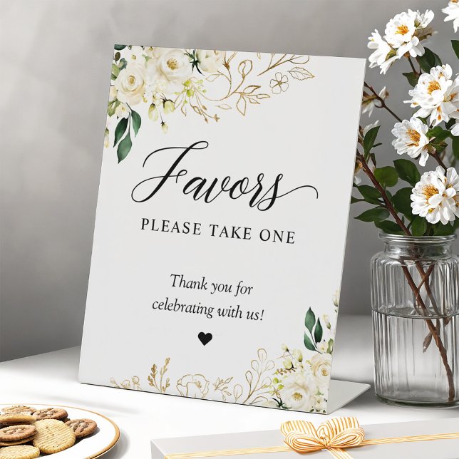 Favours Please Take One Gold Green White Floral Pedestal Sign (Creator Uploaded)