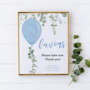 Favours sign blue balloons greenery baby shower