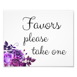 Favours sign. Purple wedding decor. Floral poster