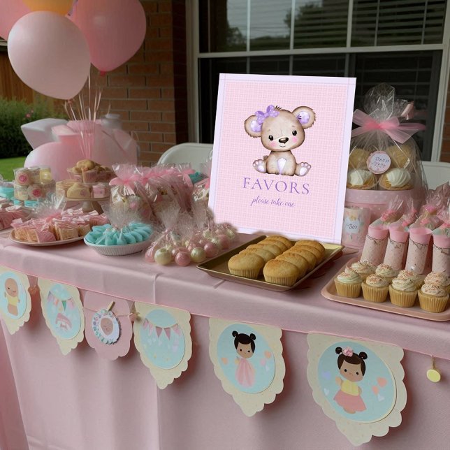 Favours Table Cute Girl Purple Bear Baby Shower Poster (Creator Uploaded)