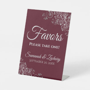 Favours Take One Elegant Burgundy & Silver Wedding Pedestal Sign