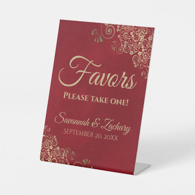 Favours Take One Elegant Crimson Red & Gold Weddin Pedestal Sign (Front)