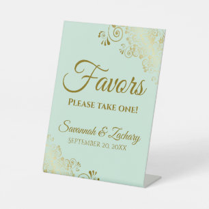 Favours Take One Elegant Mint Green & Gold Wedding Pedestal Sign