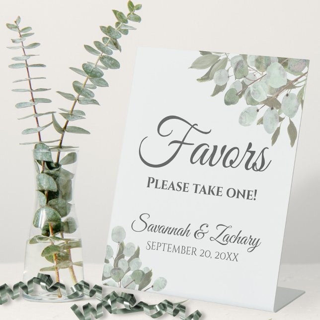Favours Take One Eucalyptus & Greenery Wedding Pedestal Sign (In Situ with Plant and Ribbons)