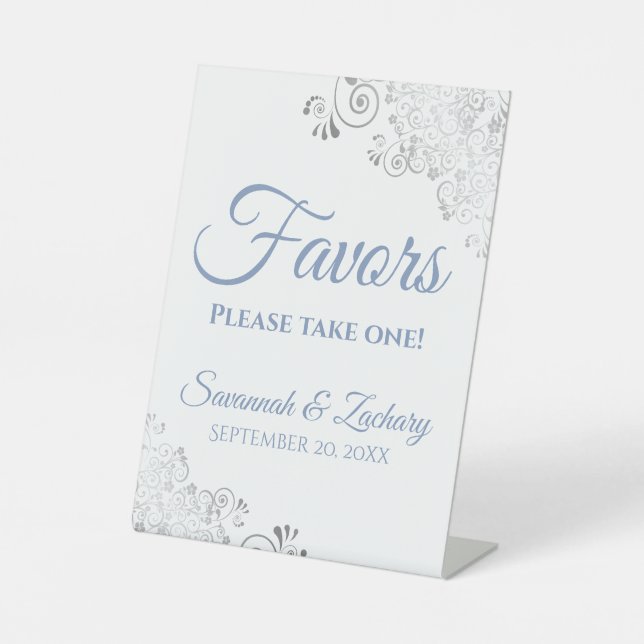 Favours Take One Silver Dusty Blue & White Wedding Pedestal Sign (Front)
