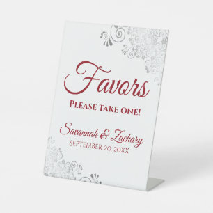 Favours Take One Silver & Red on White Wedding Pedestal Sign