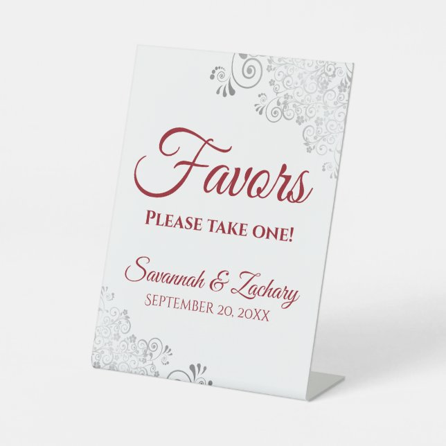 Favours Take One Silver & Red on White Wedding Pedestal Sign (Front)