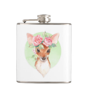 Fawn and pink roses hip flask