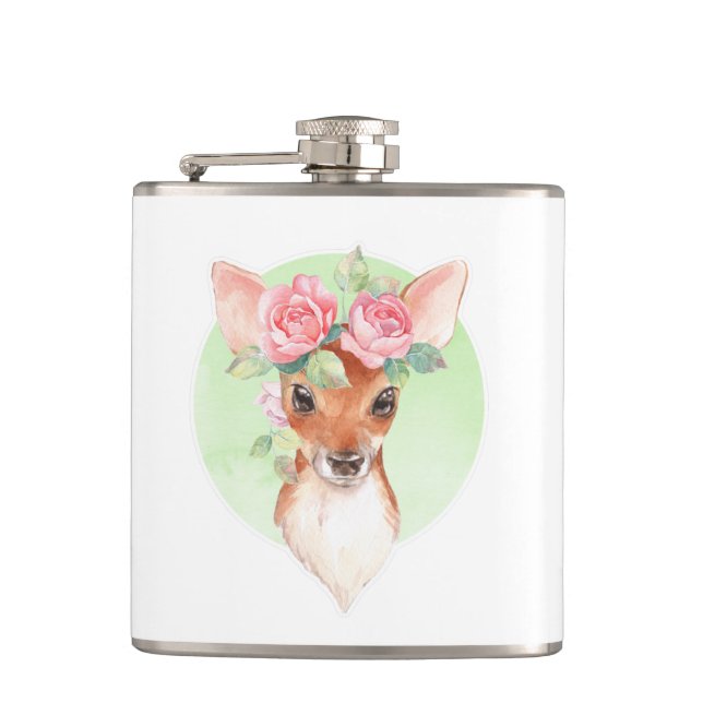 Fawn and pink roses hip flask (Front)
