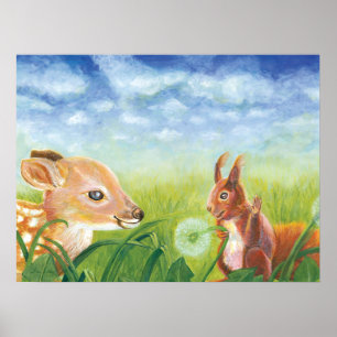 Fawn and Squirrel Spring Illustration Poster