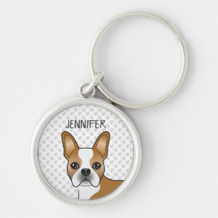 Fawn And White Boston Terrier Cartoon Dog & Name Key Ring