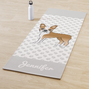 Fawn And White Boston Terrier Cartoon Dog & Name Yoga Mat