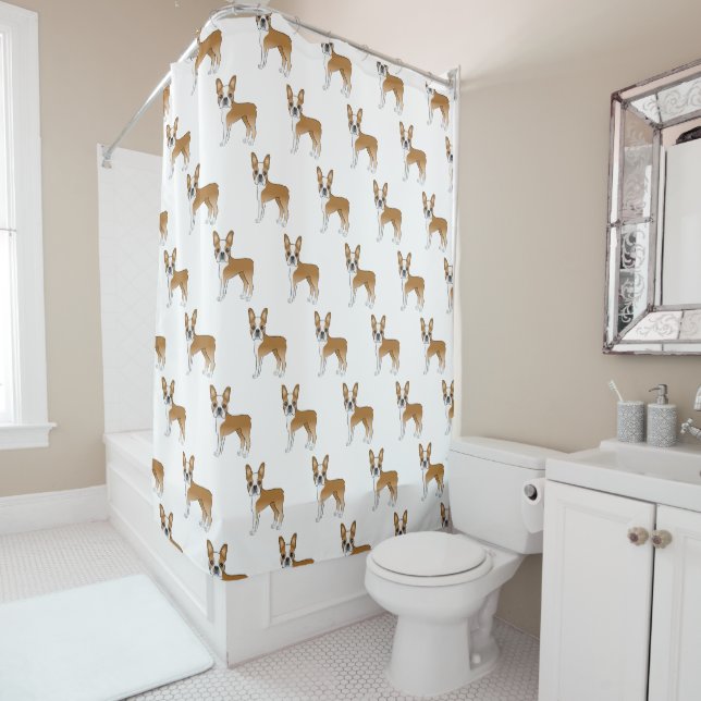 Fawn And White Boston Terrier Cartoon Dog Pattern Shower Curtain (In Situ)