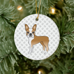 Fawn And White Boston Terrier Cartoon Dog & Paws Ceramic Ornament