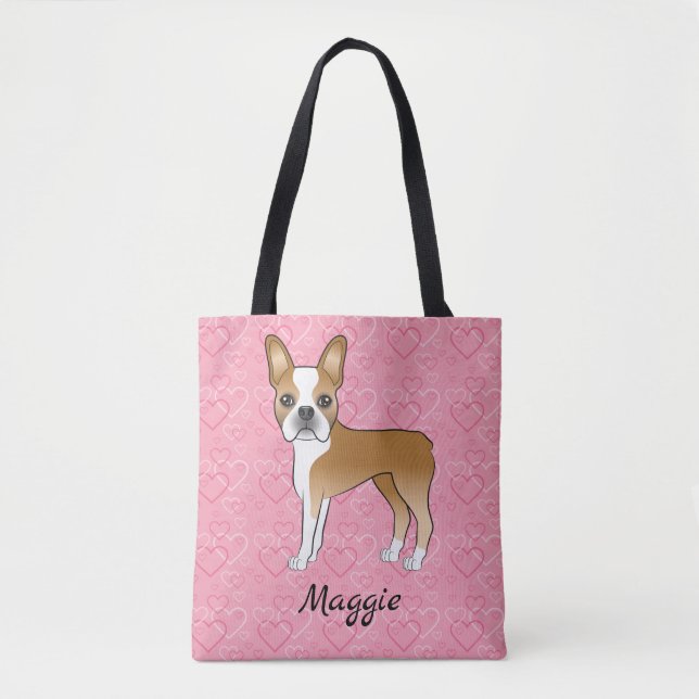 Fawn And White Boston Terrier Dog On Pink Hearts Tote Bag (Front)