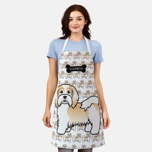 Fawn And White Havanese Cute Cartoon Dog & Name Apron (Worn)