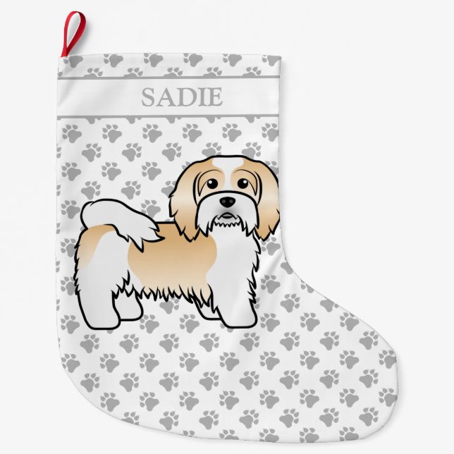 Fawn And White Havanese Cute Cartoon Dog & Name Large Christmas Stocking (Front)