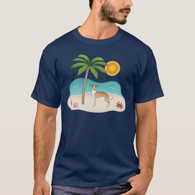 Fawn And White Iggy Dog At A Tropical Summer Beach T-Shirt (Front)