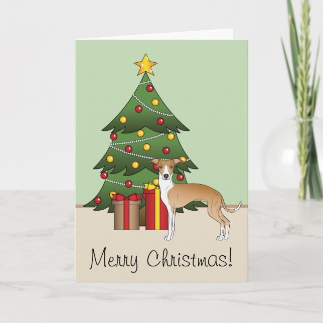 Fawn And White Italian Greyhound & Christmas Tree Card (Front)