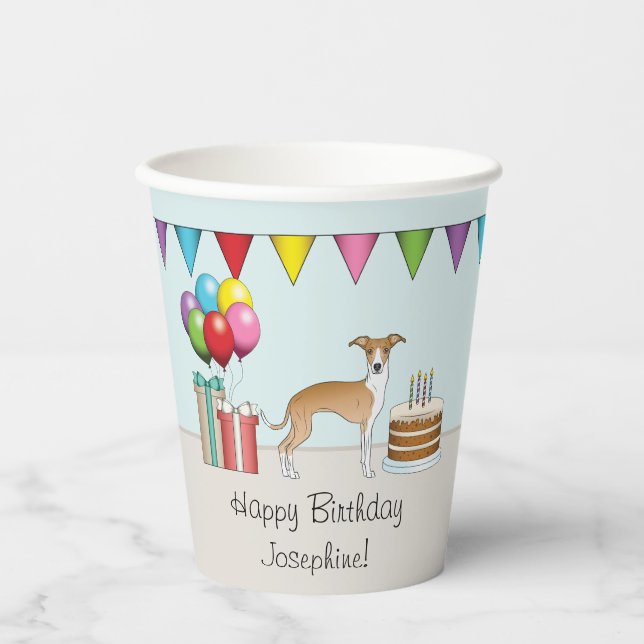 Fawn And White Italian Greyhound Colorful Birthday Paper Cups (Front)
