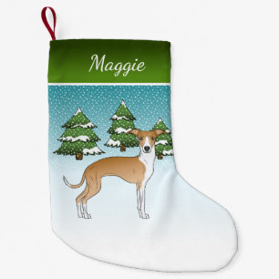 Fawn And White Italian Greyhound In Winter Forest Small Christmas Stocking